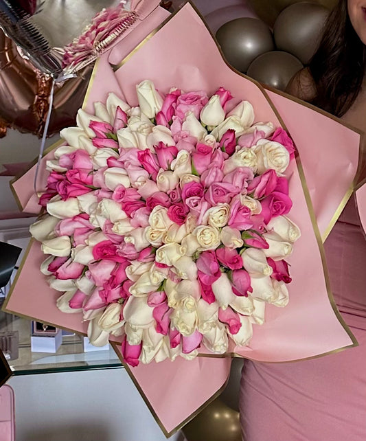 Buquet De 150 Rosas De Exportacion Blanco y Rosado Grande 🩷🤍