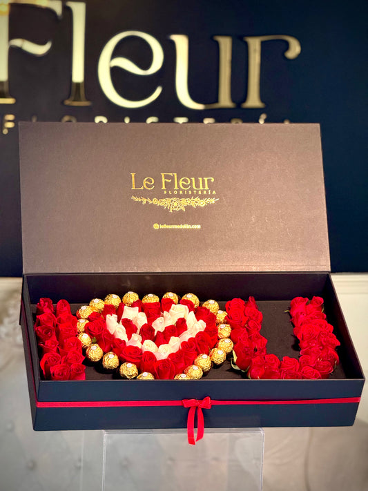Caja I💝U 100 Rosas 🌹 + 25 Ferrero 🍫