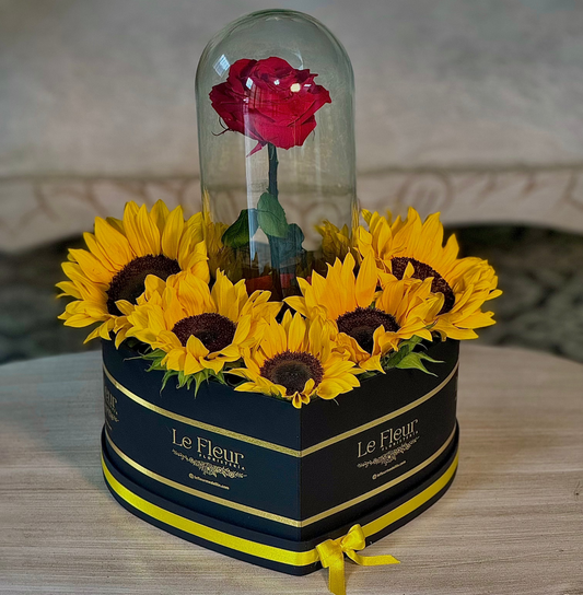 Corazon 12 Girasoles Grande 🌻 + Rosa Preservada 🌹