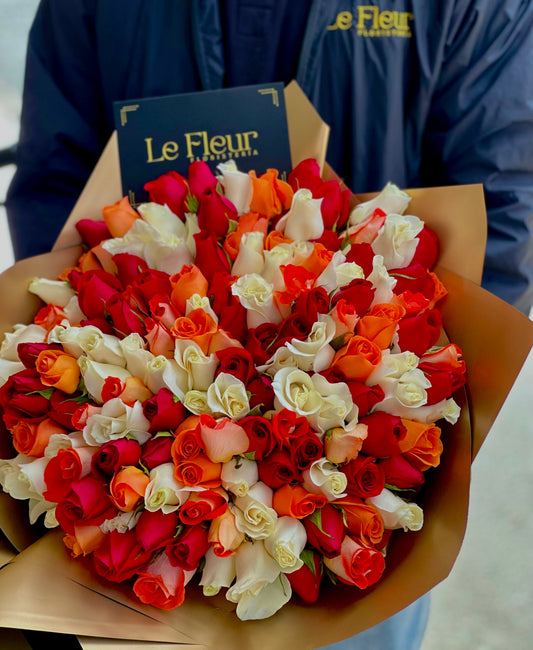 Buquet De 150 Rosas De Exportacion Rojo, Naranja y blanco Grande ❤️🤍🧡