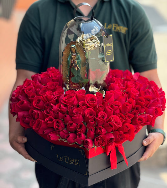 Corazon Gigante 3D con 250 Rosas + Rosa Preservada Xl Con Virgen A Color 🌹